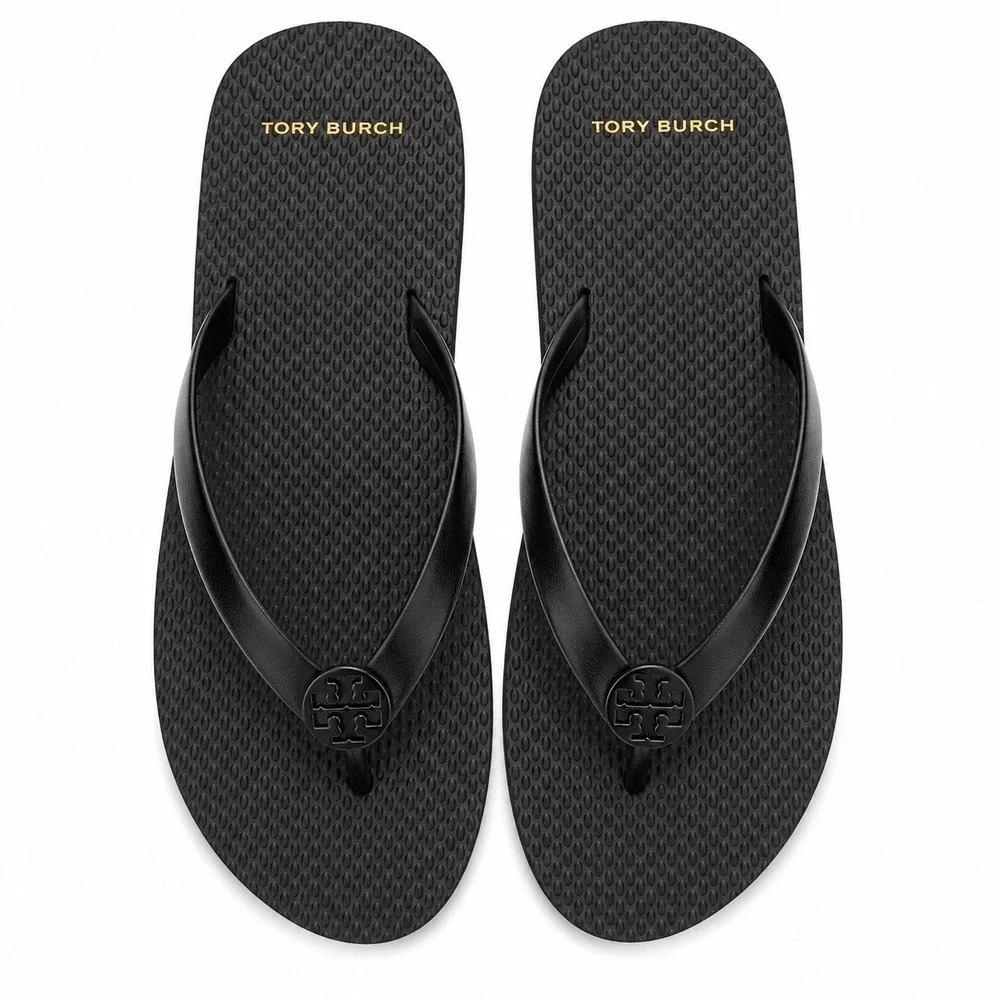Tory Burch Flip Flops 6 Black NWOT Logo Medallion Sandal Designer